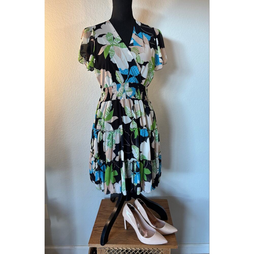PRONTO MODA ITALY Boutique Botanical Ruffle Tiered Skirt Mini Dress US Sz 4/6